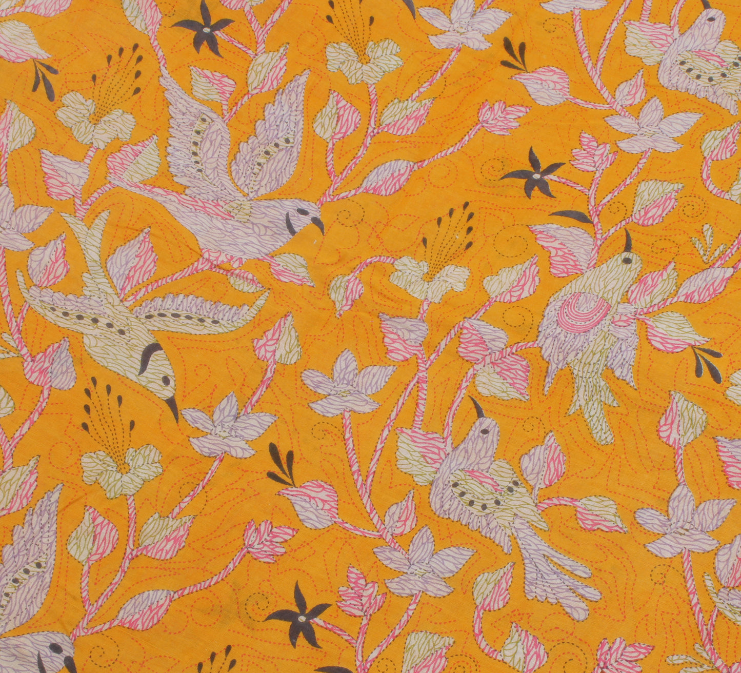 Sushila Vintage Yellow Saree 100% Pure Cotton Printed Birds Soft Craft Fabric