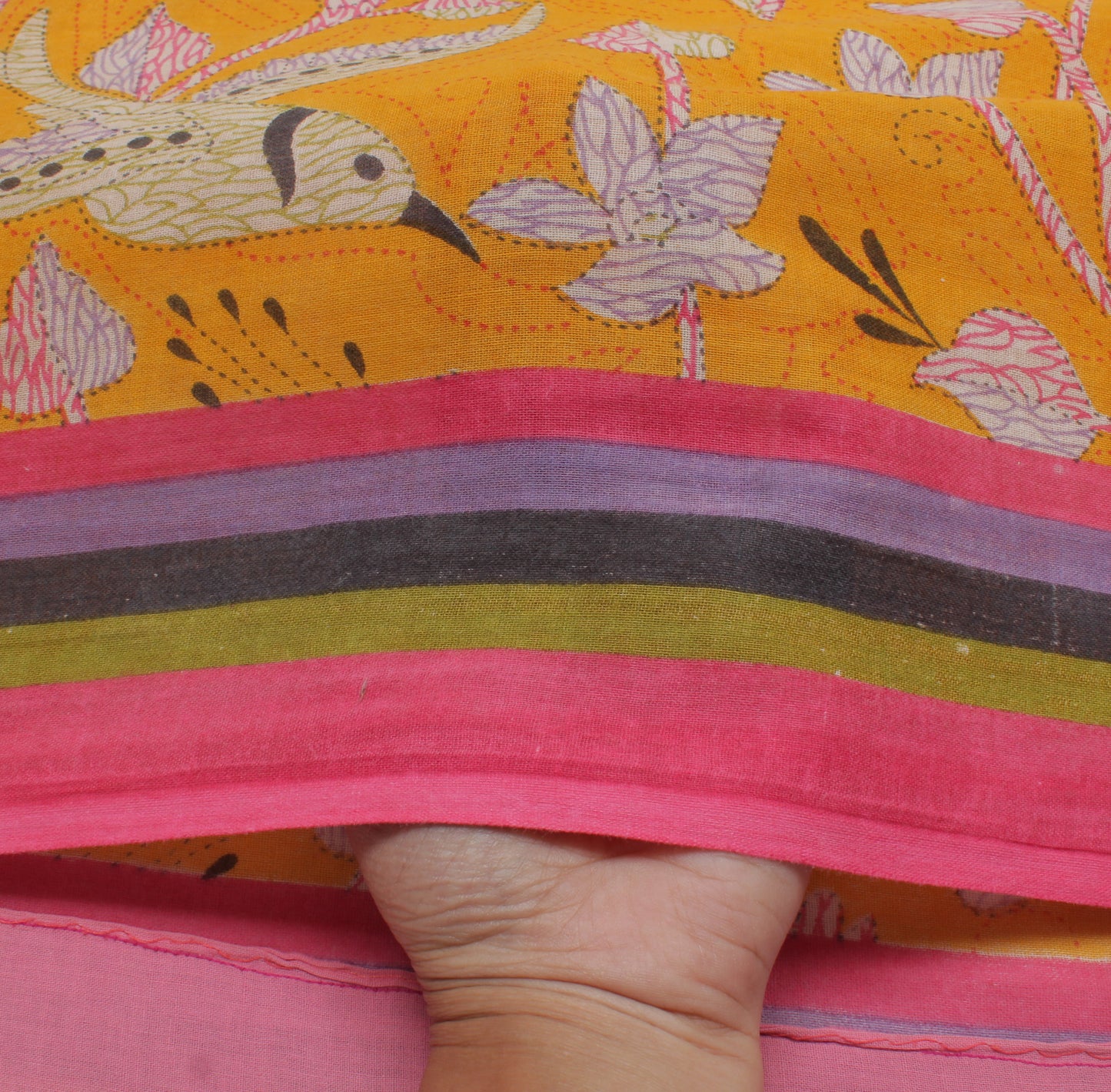 Sushila Vintage Yellow Saree 100% Pure Cotton Printed Birds Soft Craft Fabric