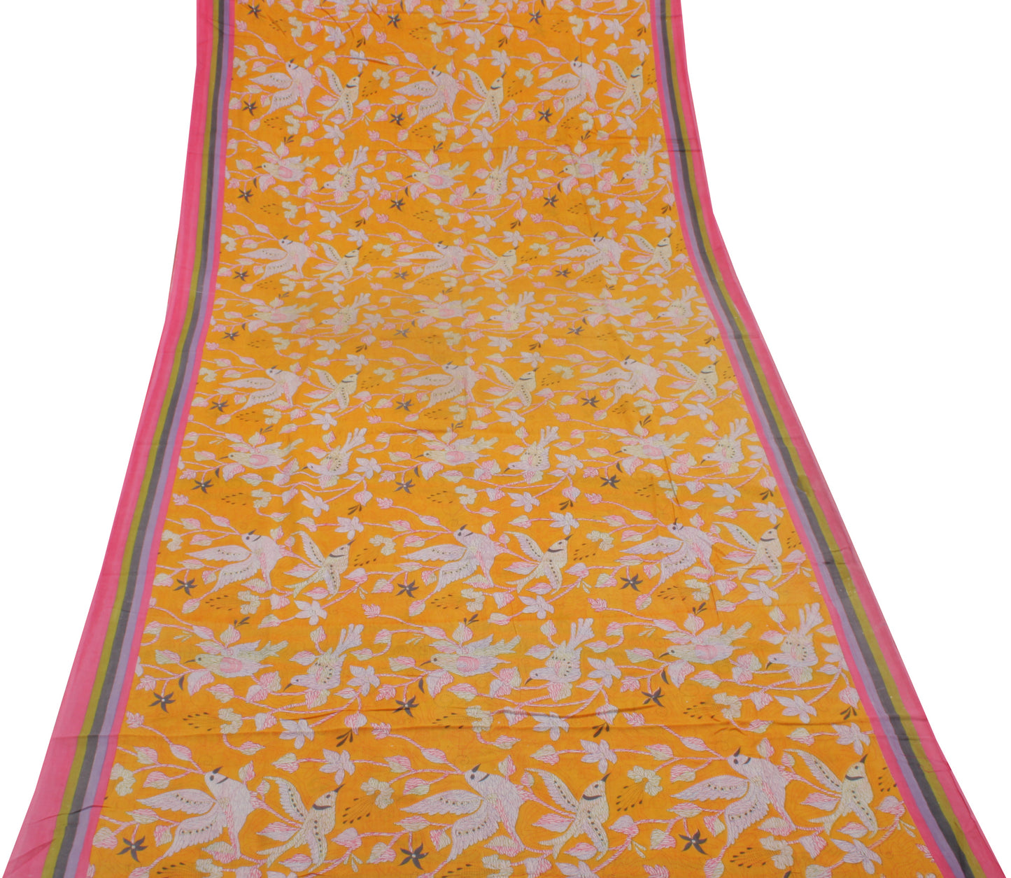 Sushila Vintage Yellow Saree 100% Pure Cotton Printed Birds Soft Craft Fabric
