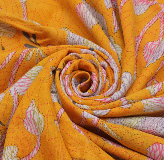 Sushila Vintage Yellow Saree 100% Pure Cotton Printed Birds Soft Craft Fabric
