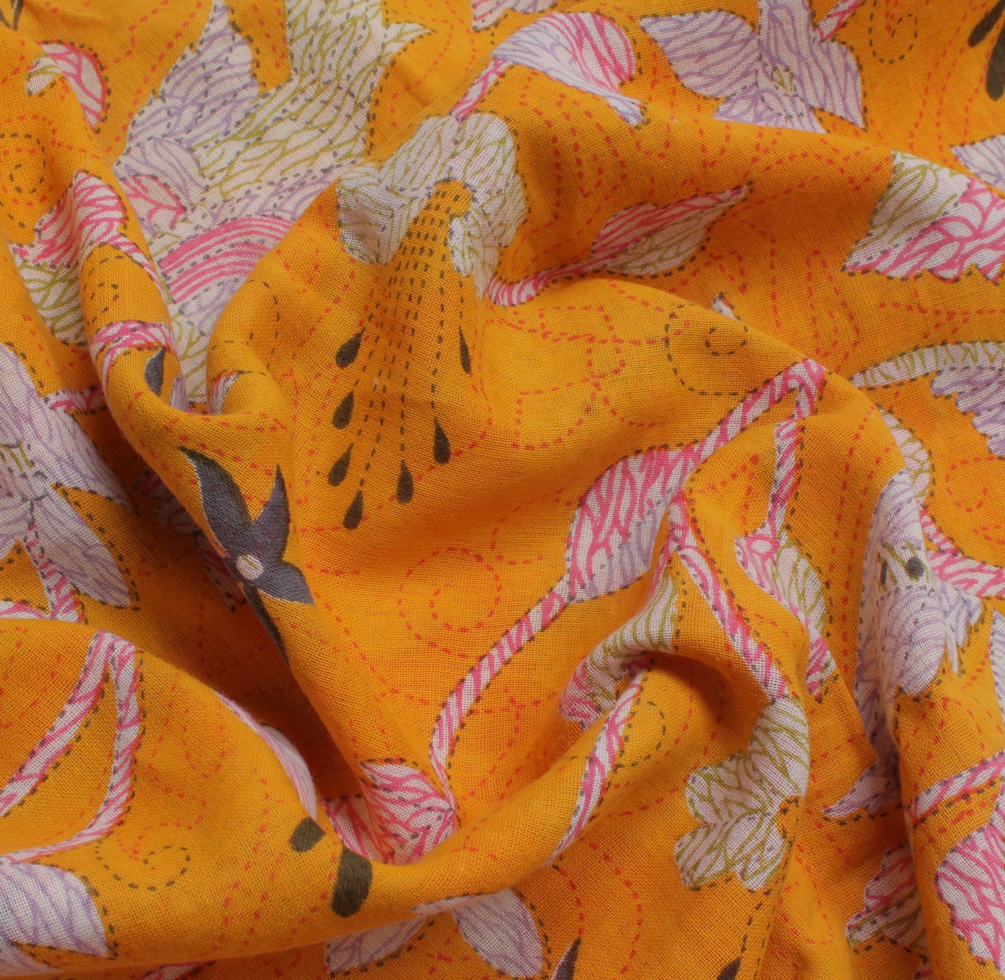 Sushila Vintage Yellow Saree 100% Pure Cotton Printed Birds Soft Craft Fabric