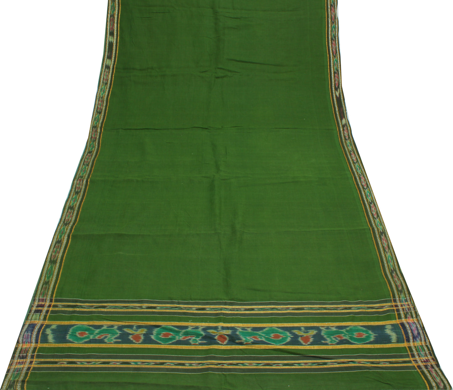 Sushila Vintage Green Saree Pure Cotton Hand Woven Ikat Patola Sari Craft Fabric