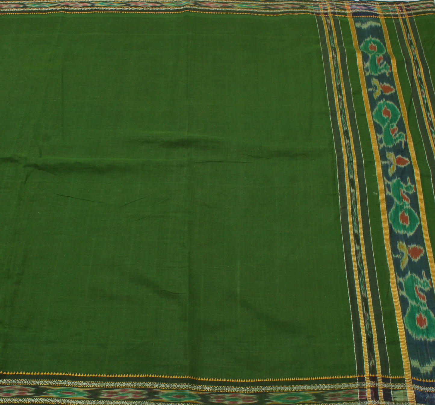 Sushila Vintage Green Saree Pure Cotton Hand Woven Ikat Patola Sari Craft Fabric