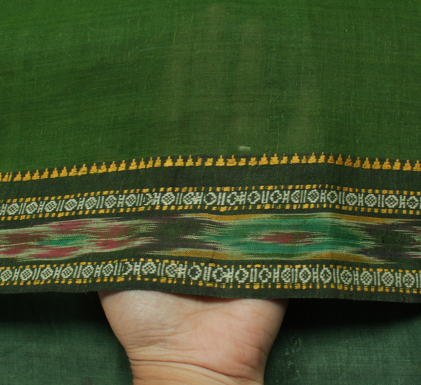 Sushila Vintage Green Saree Pure Cotton Hand Woven Ikat Patola Sari Craft Fabric