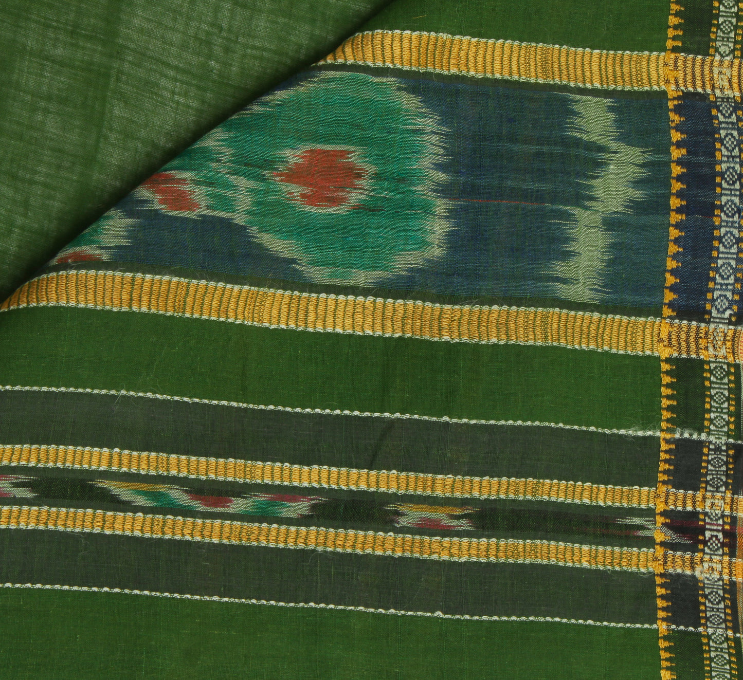 Sushila Vintage Green Saree Pure Cotton Hand Woven Ikat Patola Sari Craft Fabric