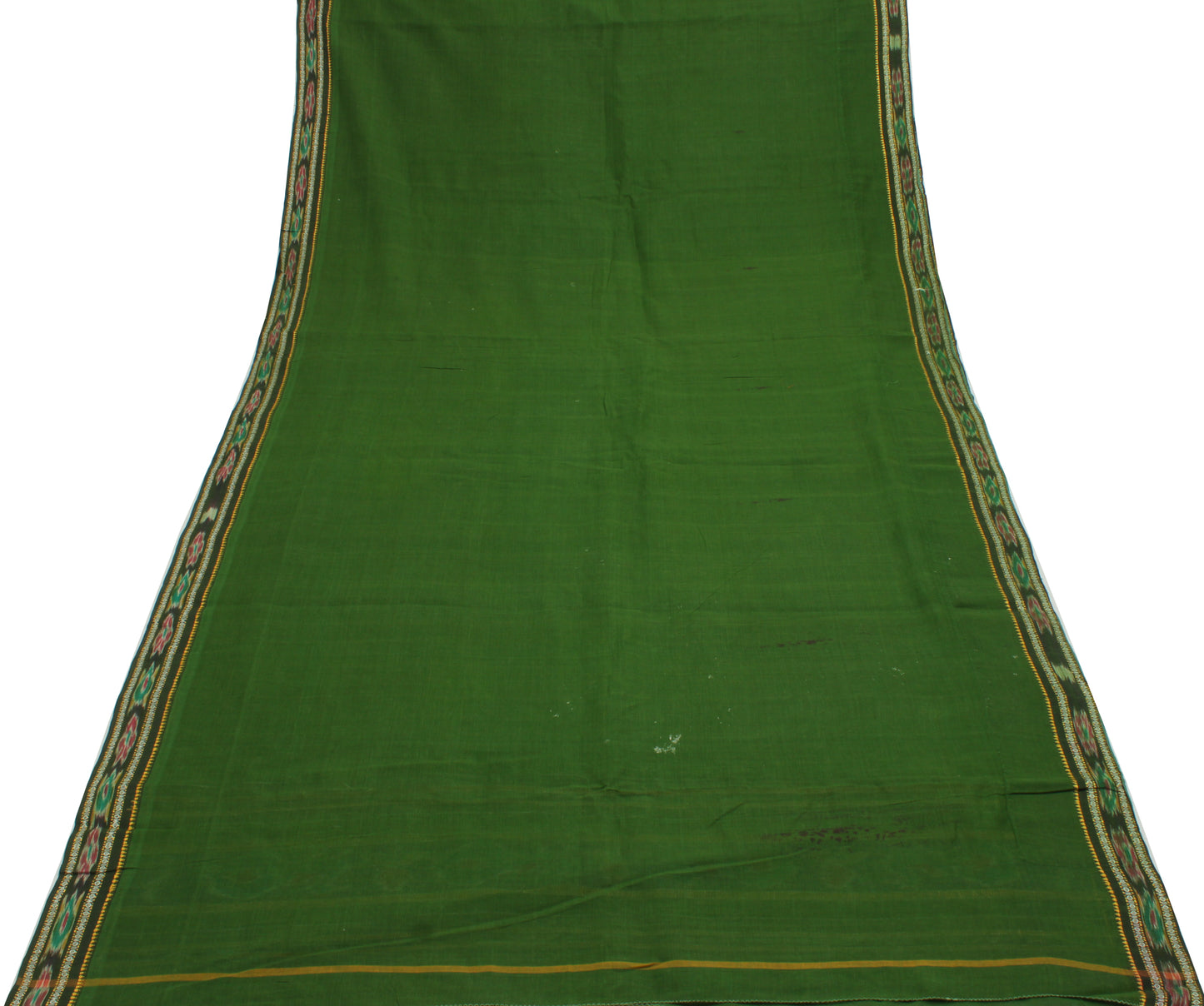 Sushila Vintage Green Saree Pure Cotton Hand Woven Ikat Patola Sari Craft Fabric