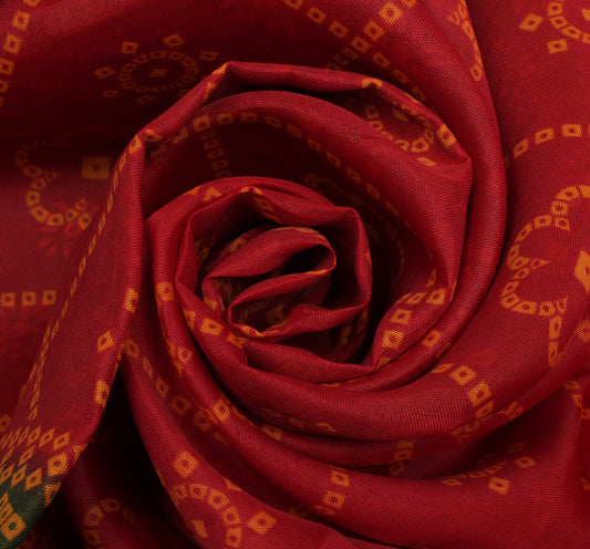 Sushila Vintage Red Indian Saree Blend Cotton Bandhani Printed Craft Sari Fabric