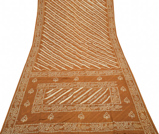 Sushila Vintage Brown Saree 100% Pure Cotton Batik Printed Soft Craft Fabric