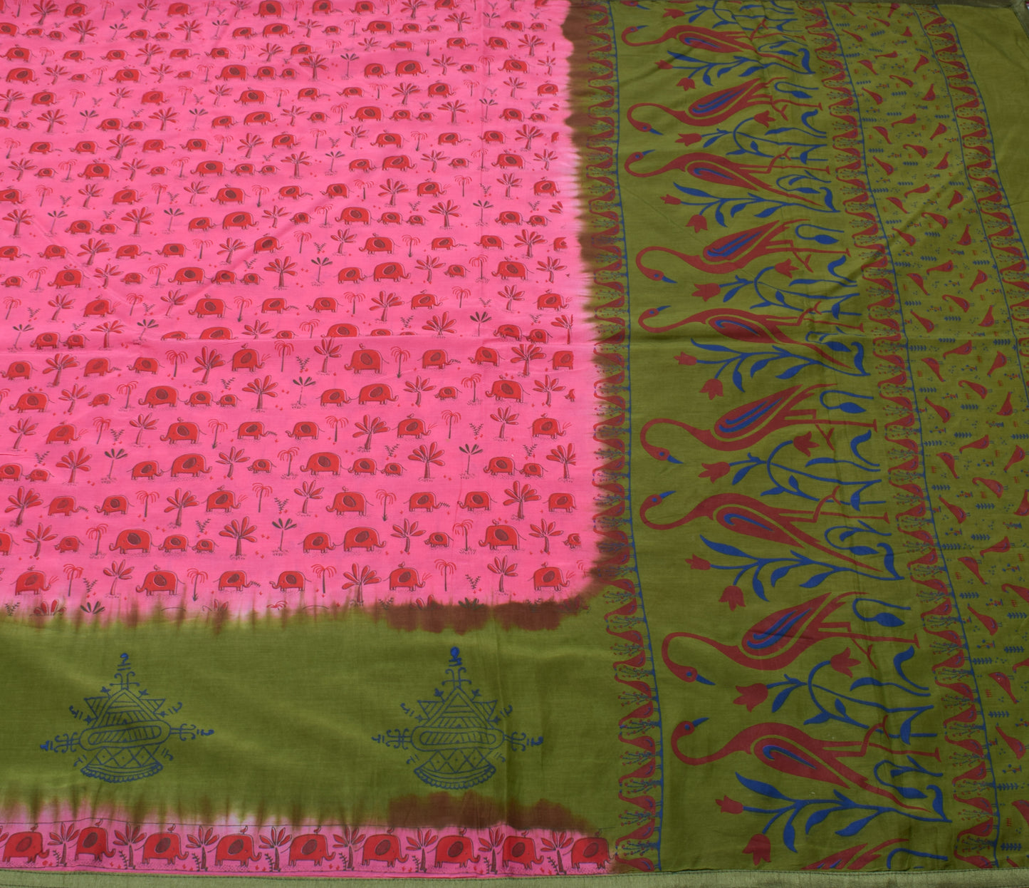 Sushila Vintage Pink Saree 100% Pure Cotton Printed Elephant Soft Craft Fabric