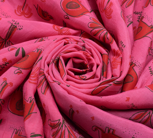 Sushila Vintage Pink Saree 100% Pure Cotton Printed Elephant Soft Craft Fabric
