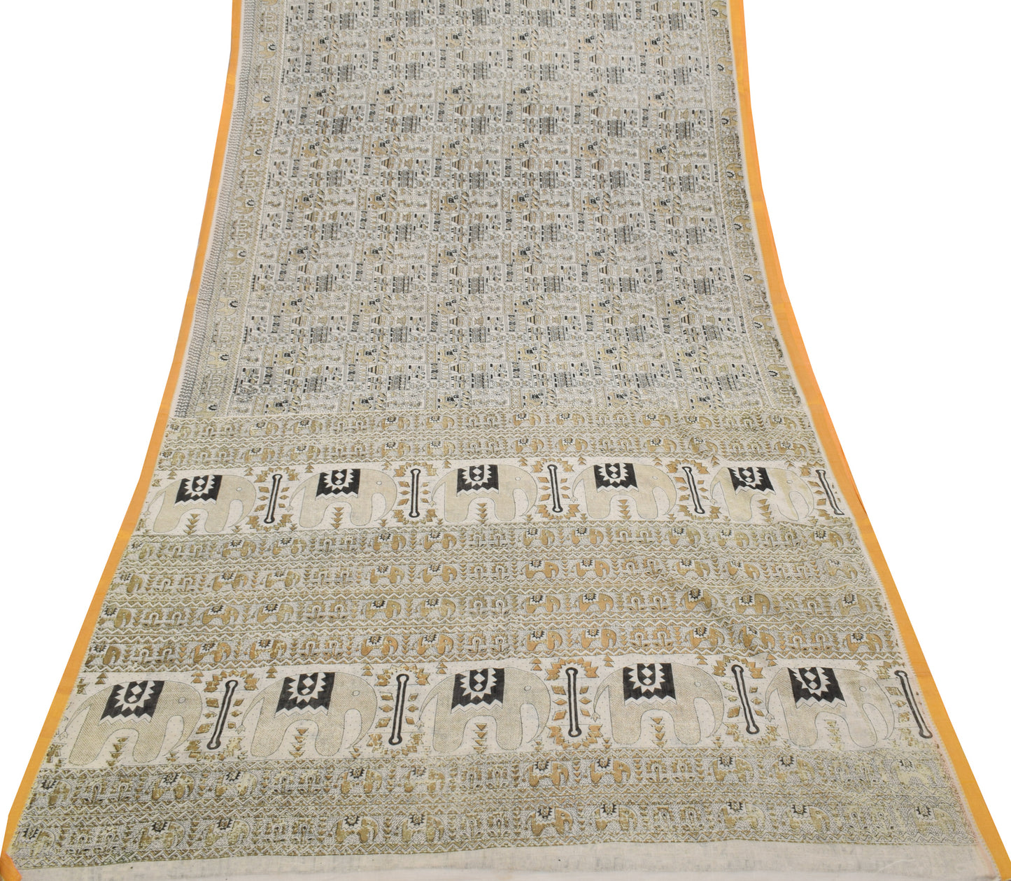 Sushila Vintage Cream Indian Saree 100% Pure Cotton Printed Soft Craft Fabric