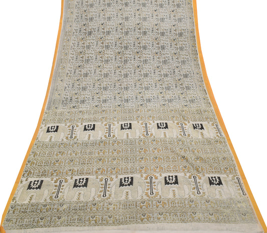 Sushila Vintage Cream Indian Saree 100% Pure Cotton Printed Soft Craft Fabric