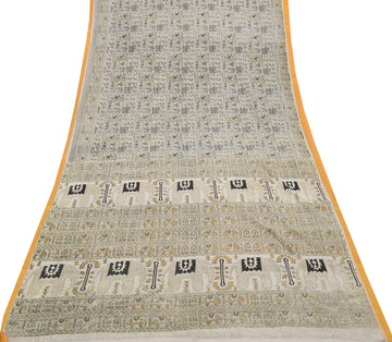 Sushila Vintage Cream Indian Saree 100% Pure Cotton Printed Soft Craft Fabric