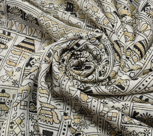 Sushila Vintage Cream Indian Saree 100% Pure Cotton Printed Soft Craft Fabric