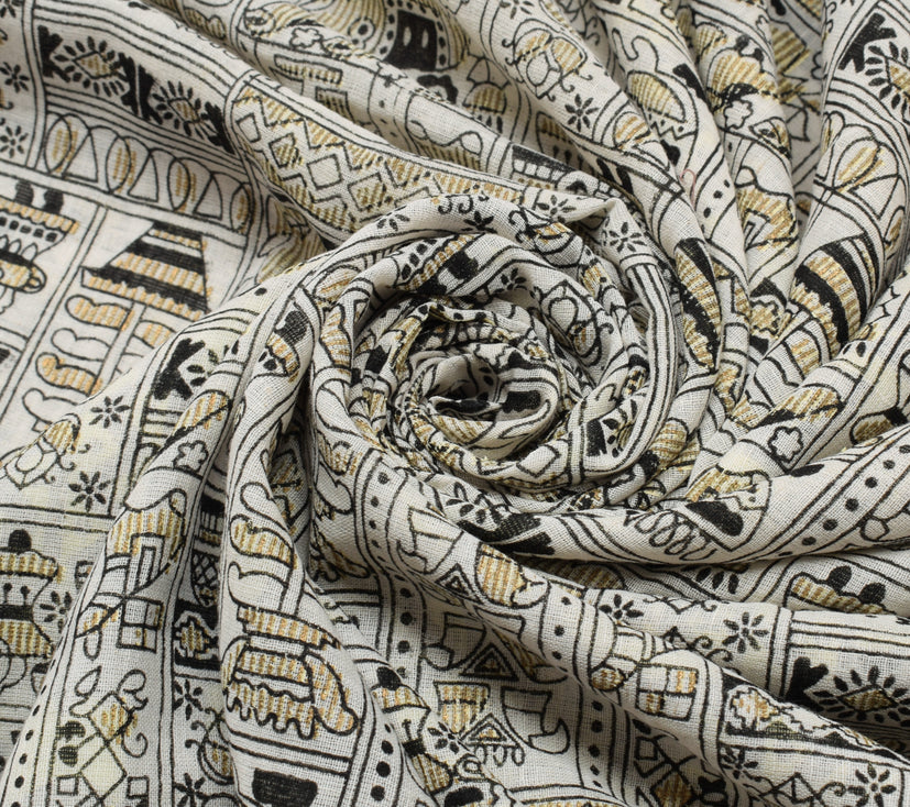 Sushila Vintage Cream Indian Saree 100% Pure Cotton Printed Soft Craft Fabric