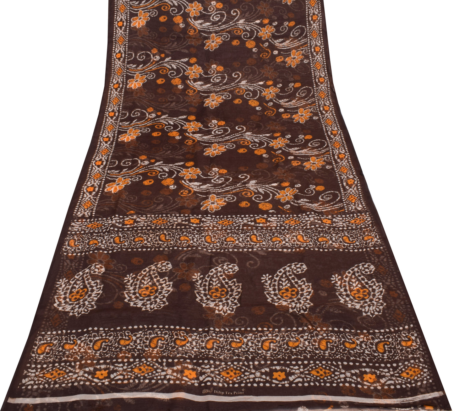 Sushila Vintage Dark Brown Saree Blend Cotton Printed Soft Craft 5 YD Fabric