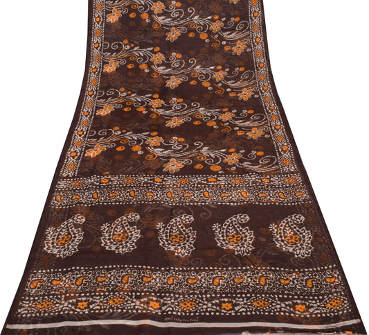 Sushila Vintage Dark Brown Saree Blend Cotton Printed Soft Craft 5 YD Fabric