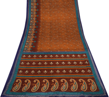 Sushila Vintage Brown Saree 100% Pure Cotton Printed 5 Yard  Soft Craft Fabric