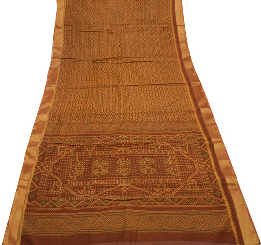 Sushila Vintage Brown Saree 100% Pure Cotton Printed 5 Yard  Soft Craft Fabric