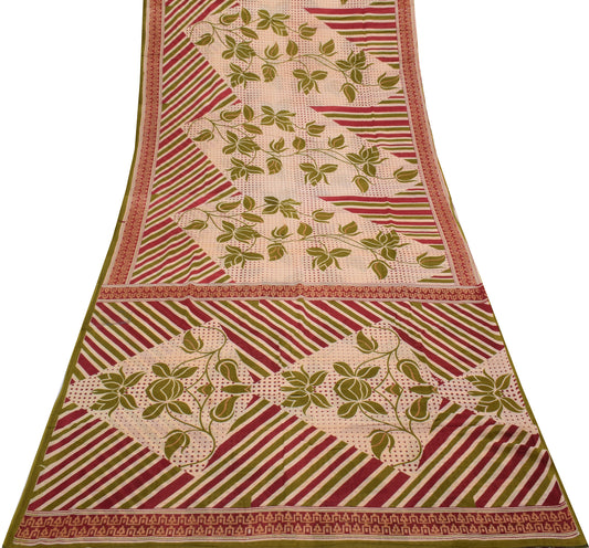 Sushila Vintage Cream Saree 100% Pure Cotton Printed Floral Soft Craft Fabric