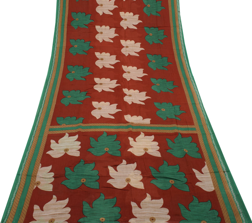 Sushila Vintage Brown Saree 100% Pure Cotton Printed Floral Soft Craft Fabric