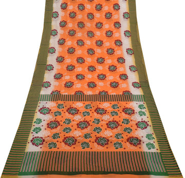 Sushila Vintage Orange Saree 100% Pure Cotton Printed Floral Craft Sari Fabric