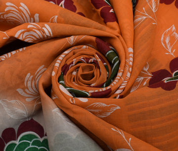 Sushila Vintage Orange Saree 100% Pure Cotton Printed Floral Craft Sari Fabric