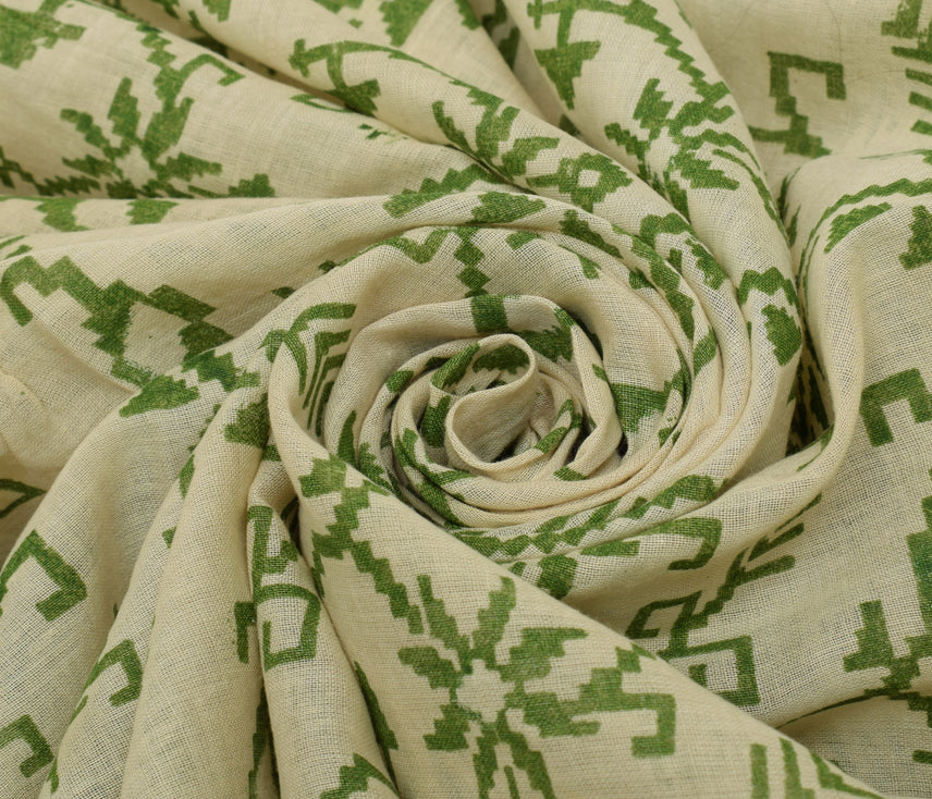 Sushila Vintage Cream Saree 100% Pure Cotton Printed Floral Soft Craft Fabric