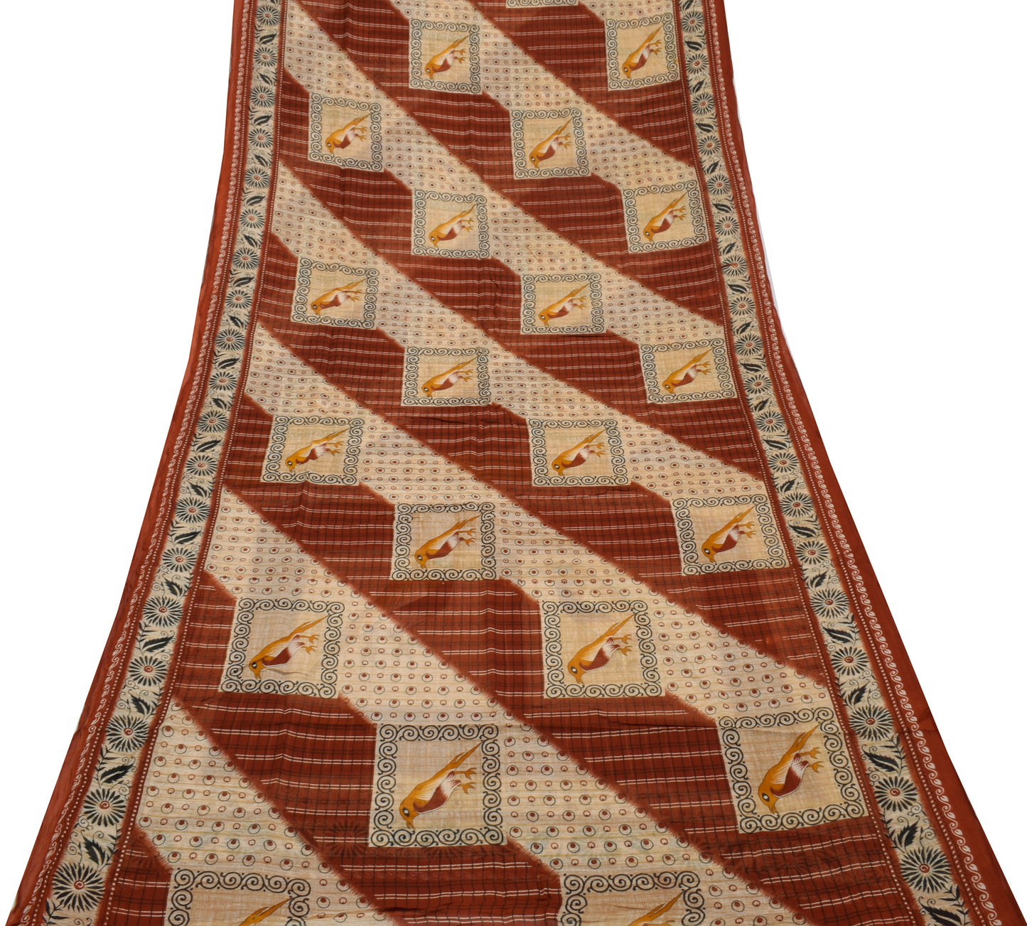 Sushila Vintage Indian Saree 100% Pure Cotton Printed Birds Soft Craft Fabric