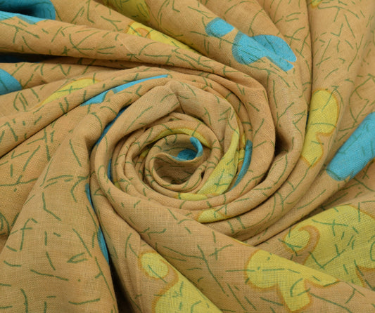 Sushila Vintage Light Brown Saree 100% Pure Cotton Printed Soft Craft Fabric