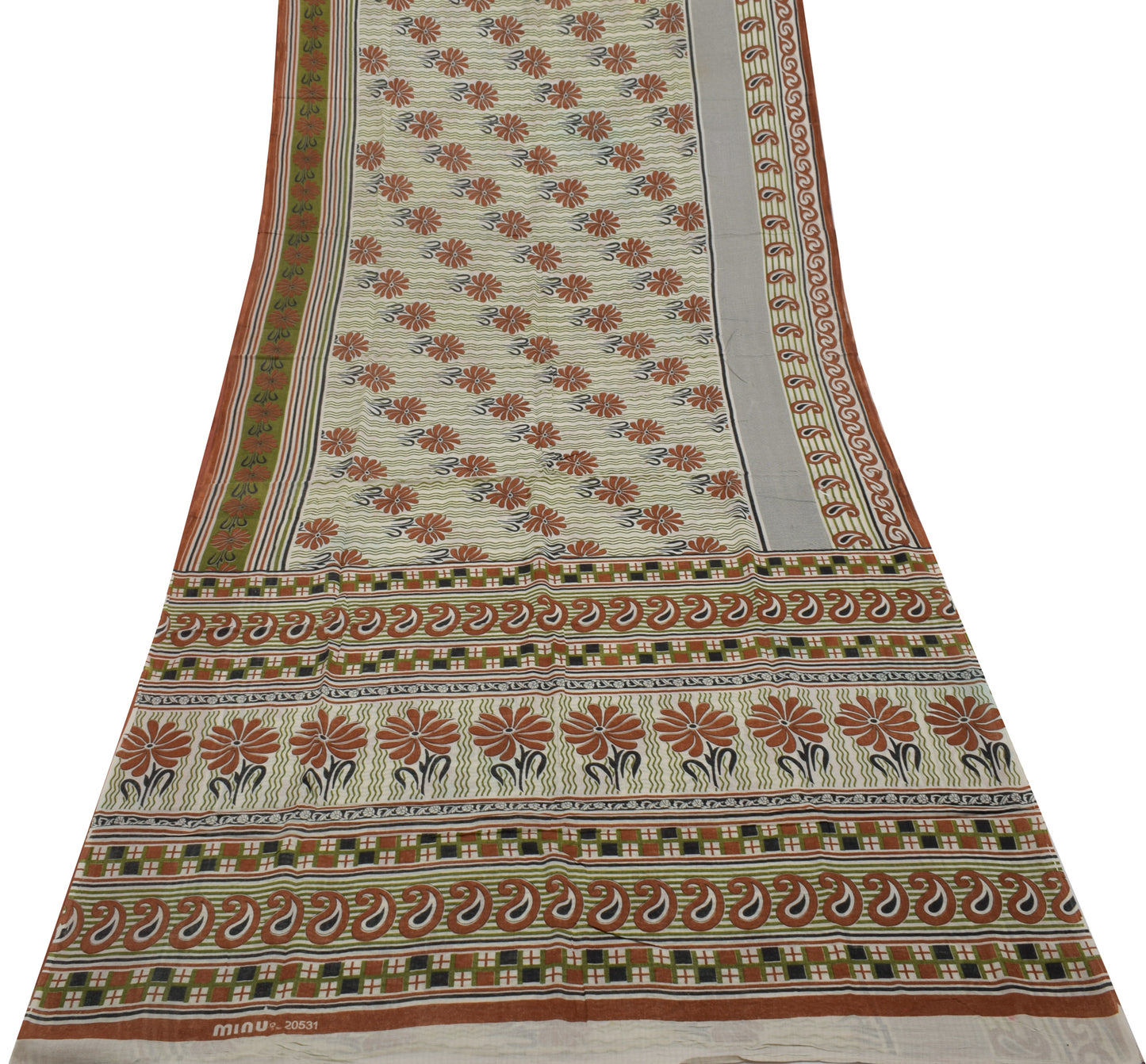 Sushila Vintage Cream Saree 100% Pure Cotton Printed Floral Soft Craft Fabric