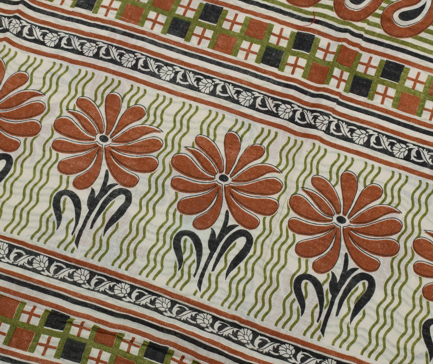 Sushila Vintage Cream Saree 100% Pure Cotton Printed Floral Soft Craft Fabric