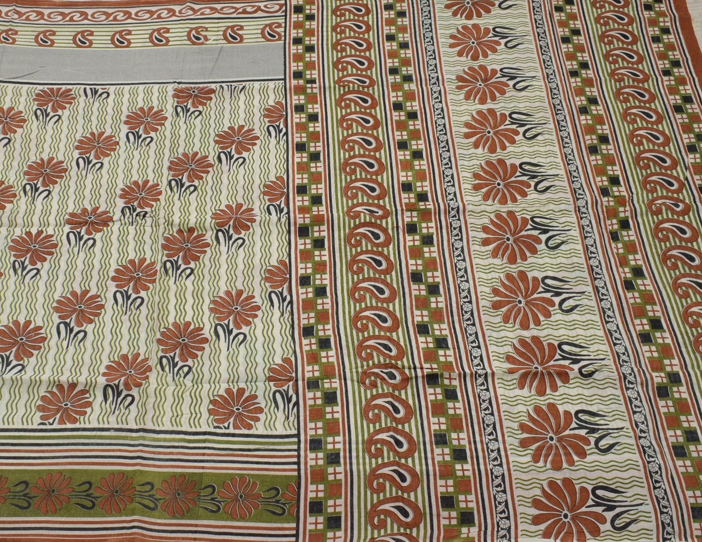 Sushila Vintage Cream Saree 100% Pure Cotton Printed Floral Soft Craft Fabric