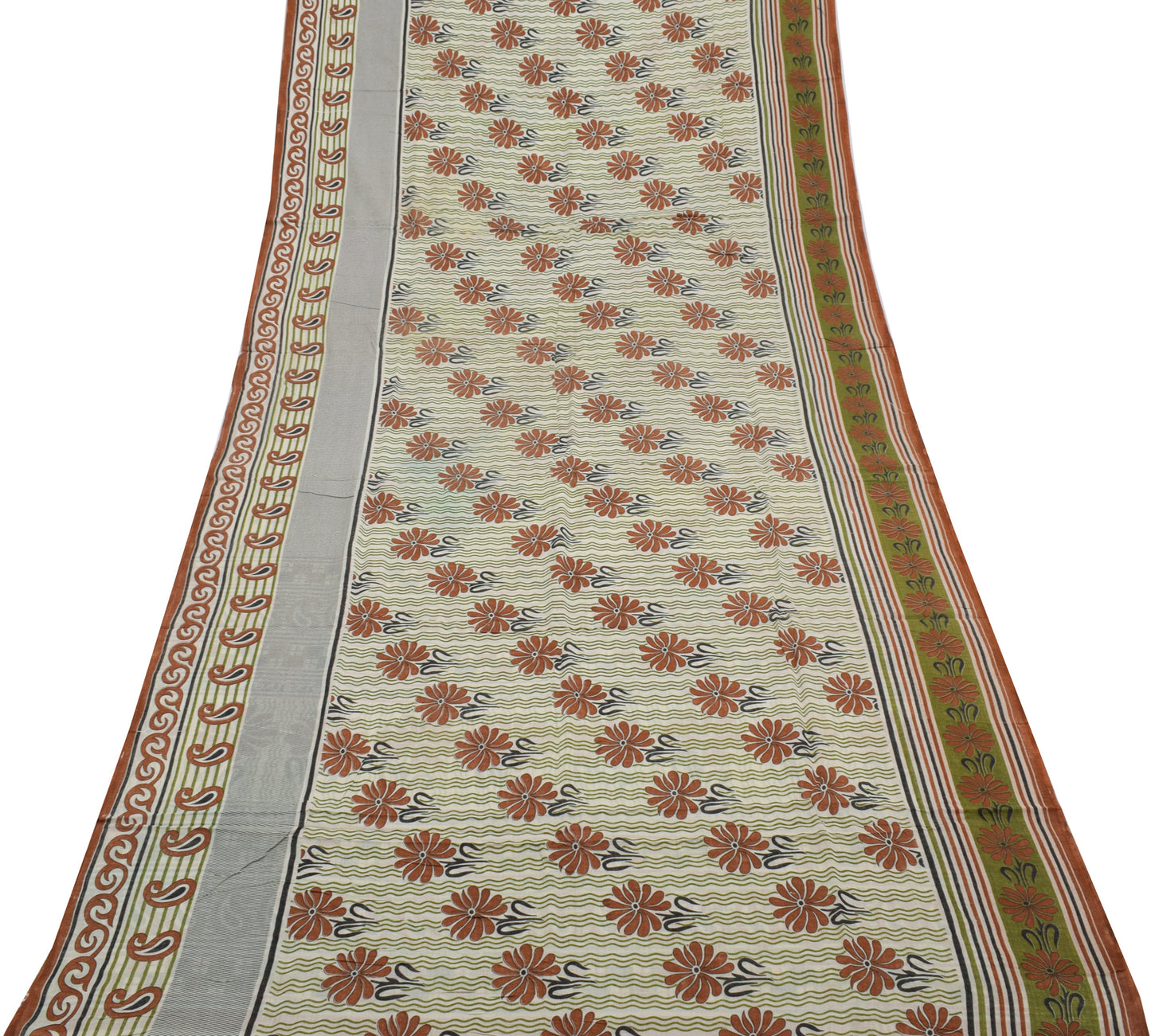 Sushila Vintage Cream Saree 100% Pure Cotton Printed Floral Soft Craft Fabric