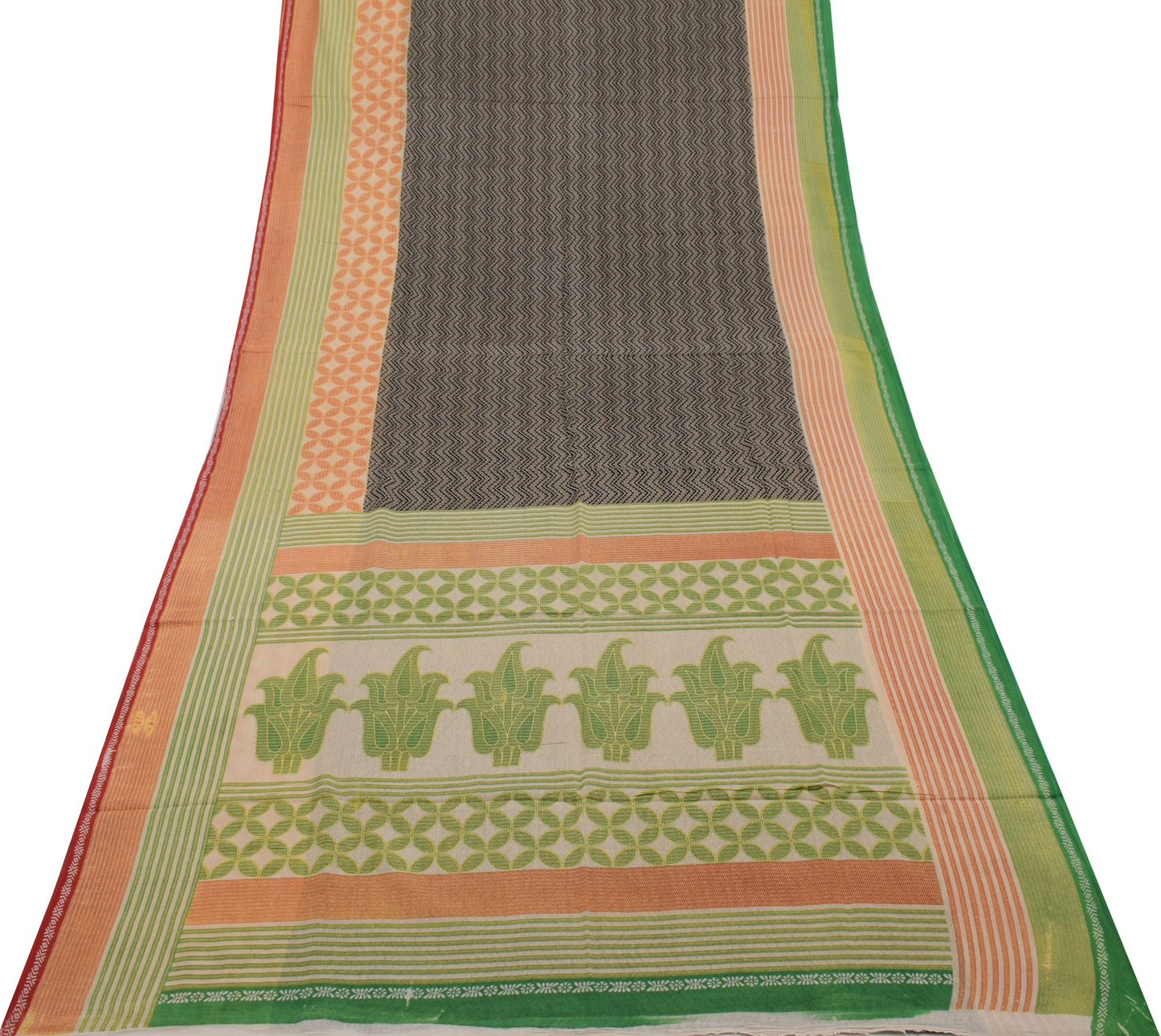 Sushila Vintage Indian Saree 100% Pure Cotton Printed Zig-Zag Soft Craft Fabric