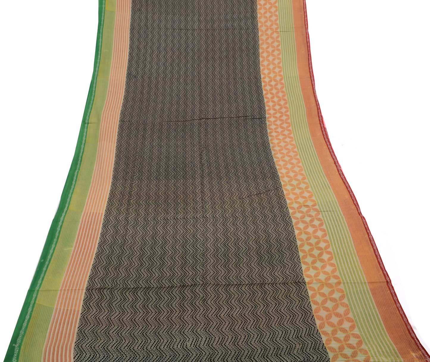 Sushila Vintage Indian Saree 100% Pure Cotton Printed Zig-Zag Soft Craft Fabric