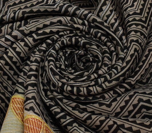 Sushila Vintage Indian Saree 100% Pure Cotton Printed Zig-Zag Soft Craft Fabric