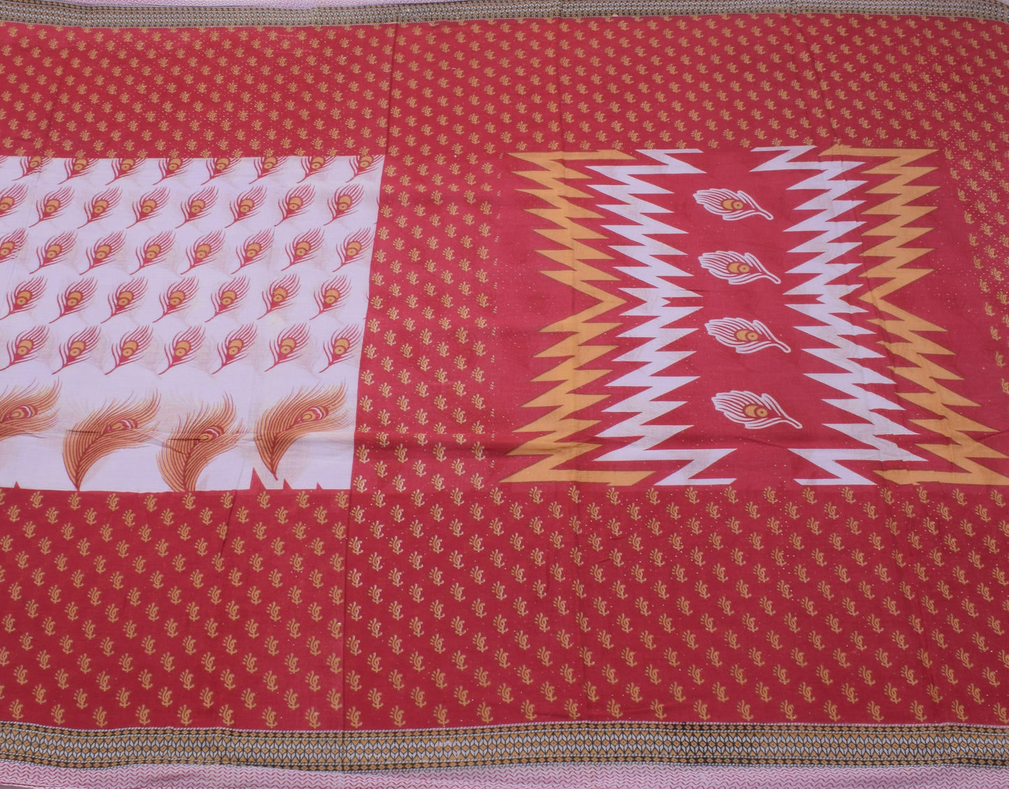 Sushila Vintage White Saree Pure Cotton Printed Peacock Feather Craft Fabric