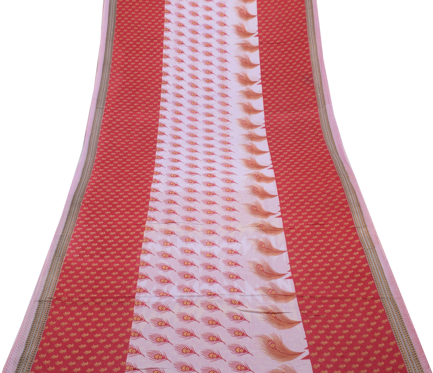 Sushila Vintage White Saree Pure Cotton Printed Peacock Feather Craft Fabric