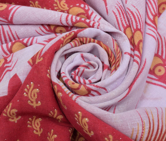Sushila Vintage White Saree Pure Cotton Printed Peacock Feather Craft Fabric