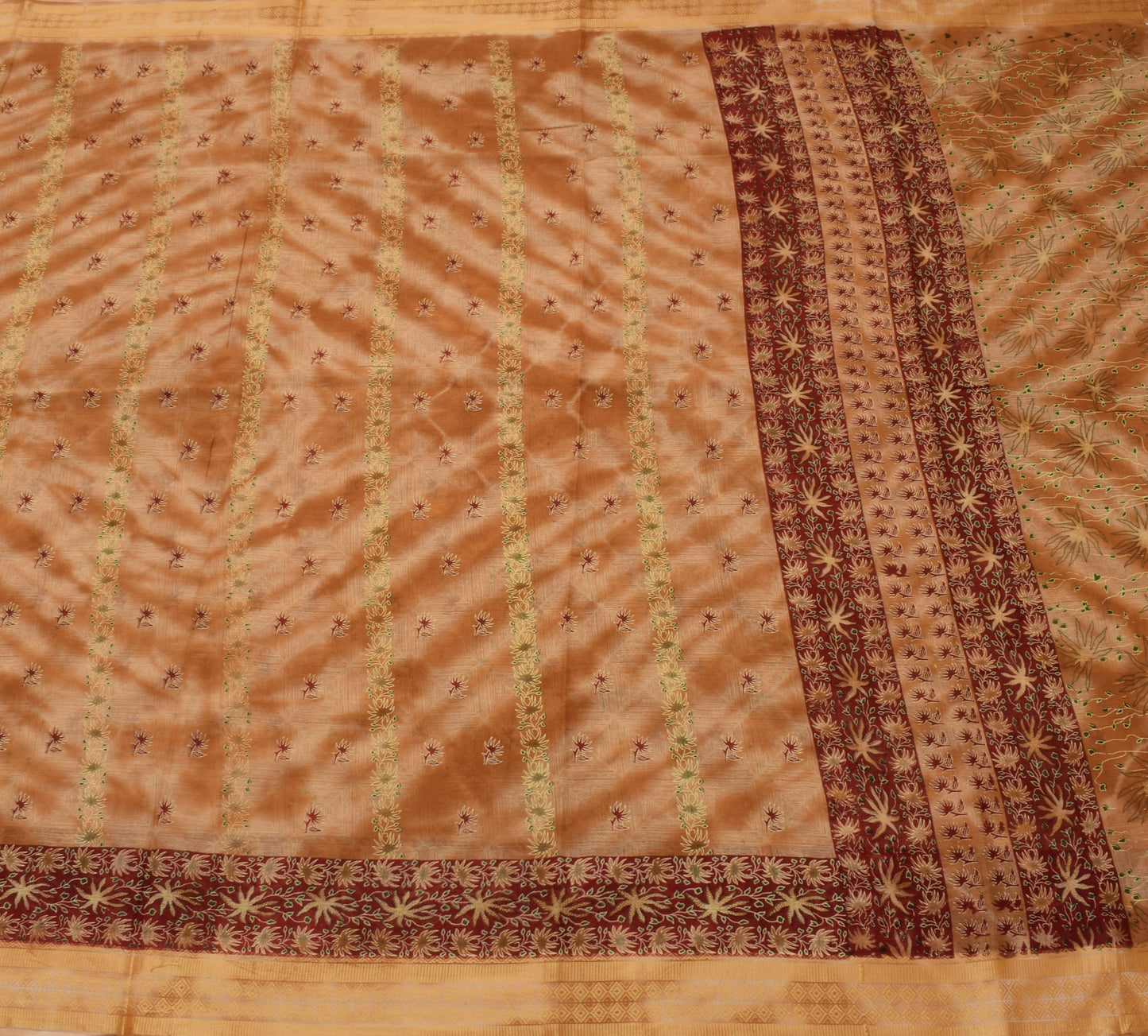 Sushila Vintage Brown Saree 100% Pure Cotton Printed Floral Soft Craft Fabric
