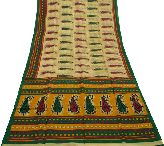 Sushila Vintage Cream Saree 100% Pure Cotton Printed Paisley Soft Craft Fabric