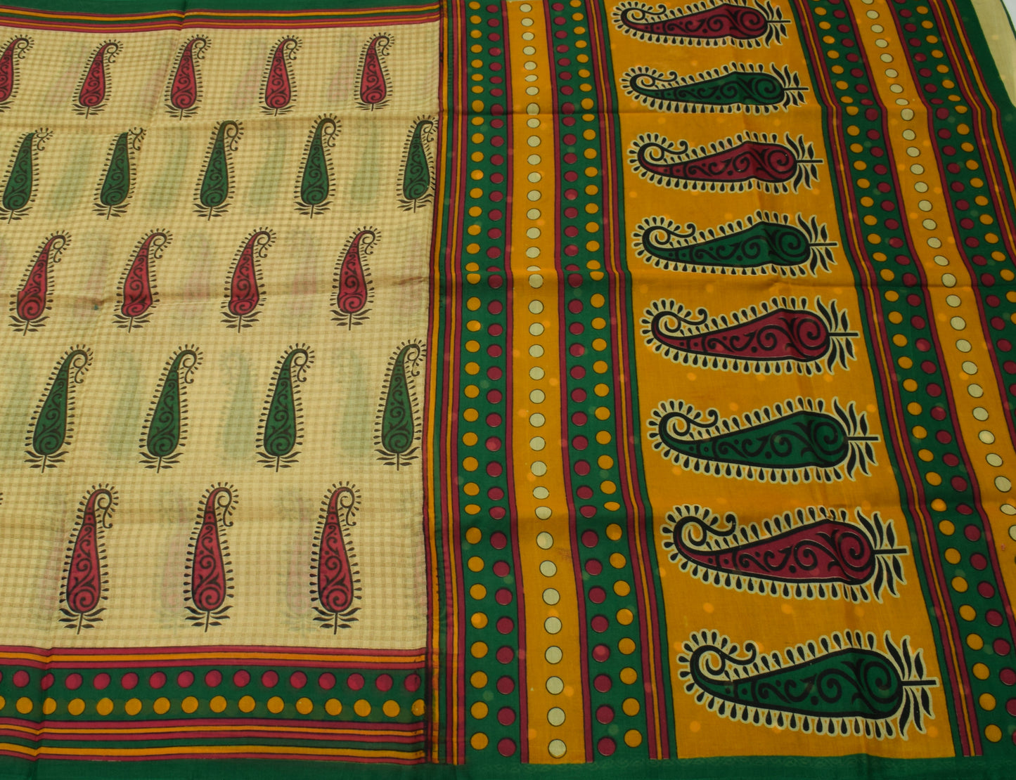 Sushila Vintage Cream Saree 100% Pure Cotton Printed Paisley Soft Craft Fabric