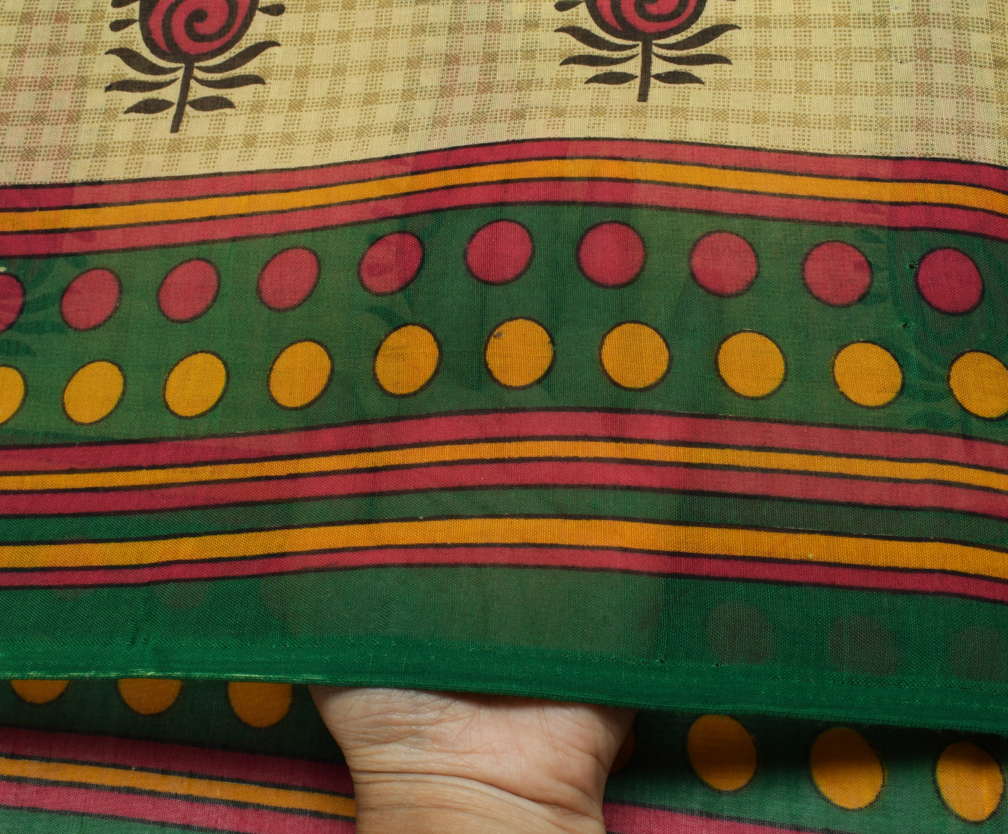 Sushila Vintage Cream Saree 100% Pure Cotton Printed Paisley Soft Craft Fabric
