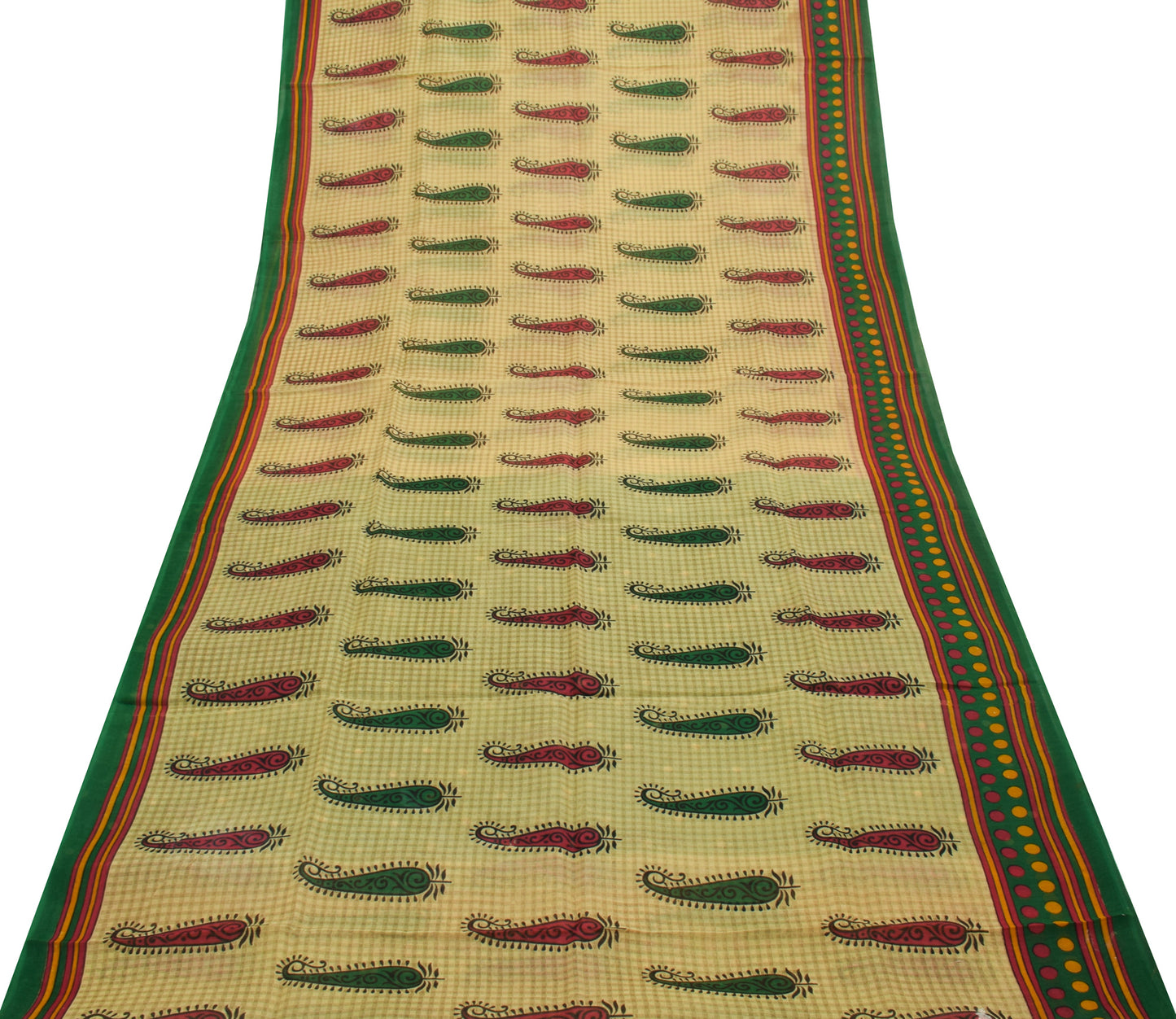 Sushila Vintage Cream Saree 100% Pure Cotton Printed Paisley Soft Craft Fabric