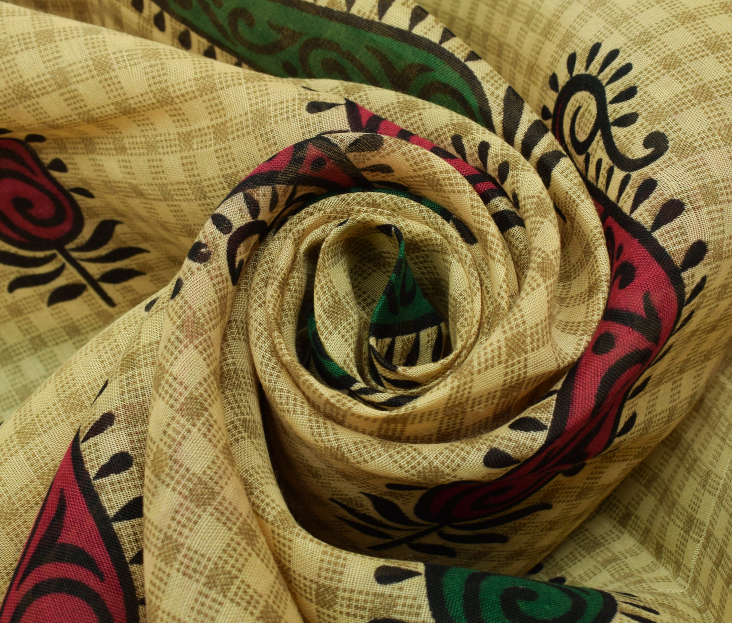 Sushila Vintage Cream Saree 100% Pure Cotton Printed Paisley Soft Craft Fabric