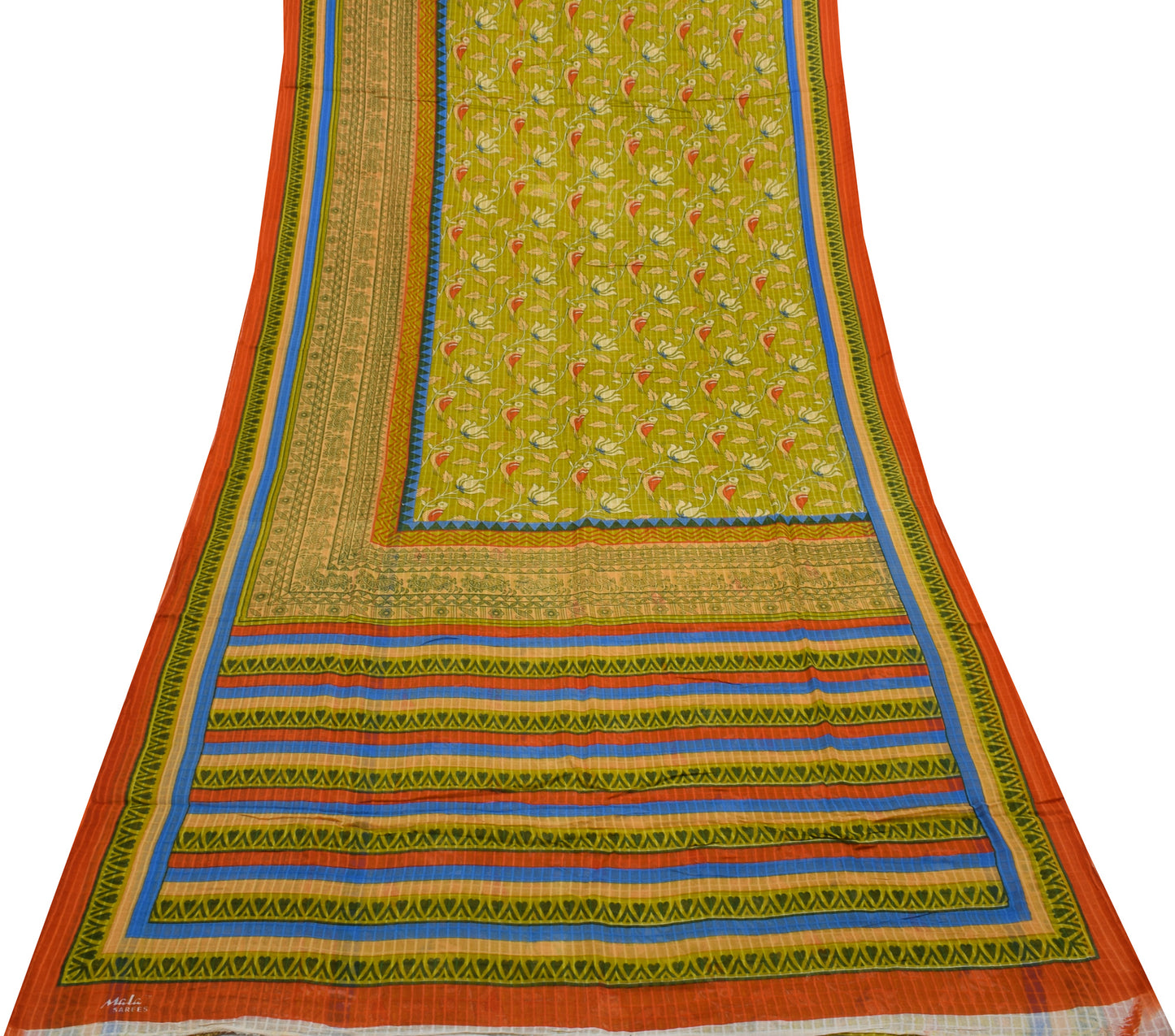 Sushila Vintage Green Saree 100% Pure Cotton Printed Birds Soft Craft Fabric