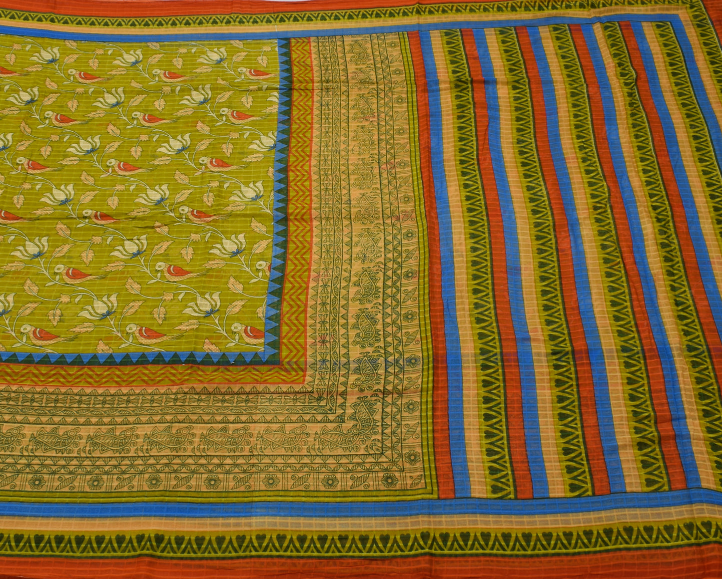 Sushila Vintage Green Saree 100% Pure Cotton Printed Birds Soft Craft Fabric