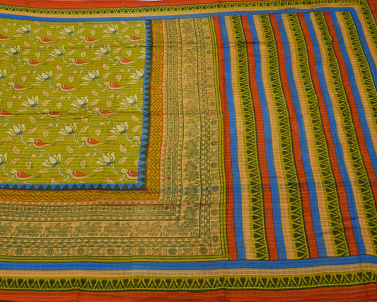 Sushila Vintage Green Saree 100% Pure Cotton Printed Birds Soft Craft Fabric