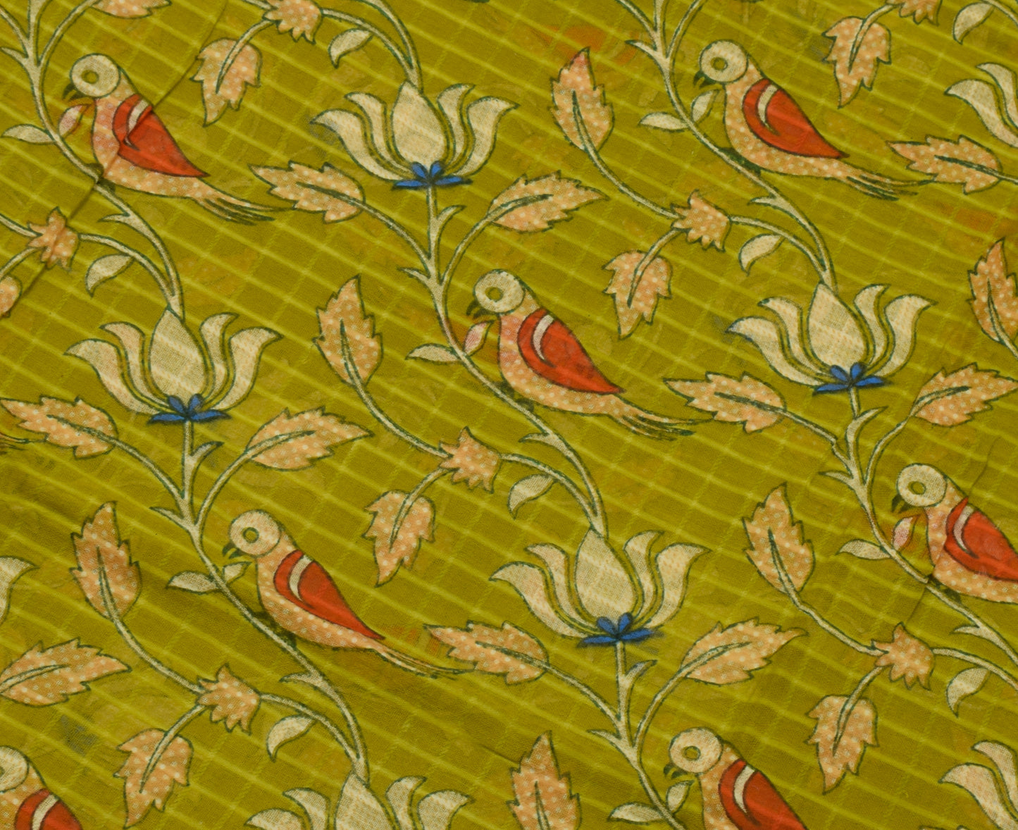 Sushila Vintage Green Saree 100% Pure Cotton Printed Birds Soft Craft Fabric